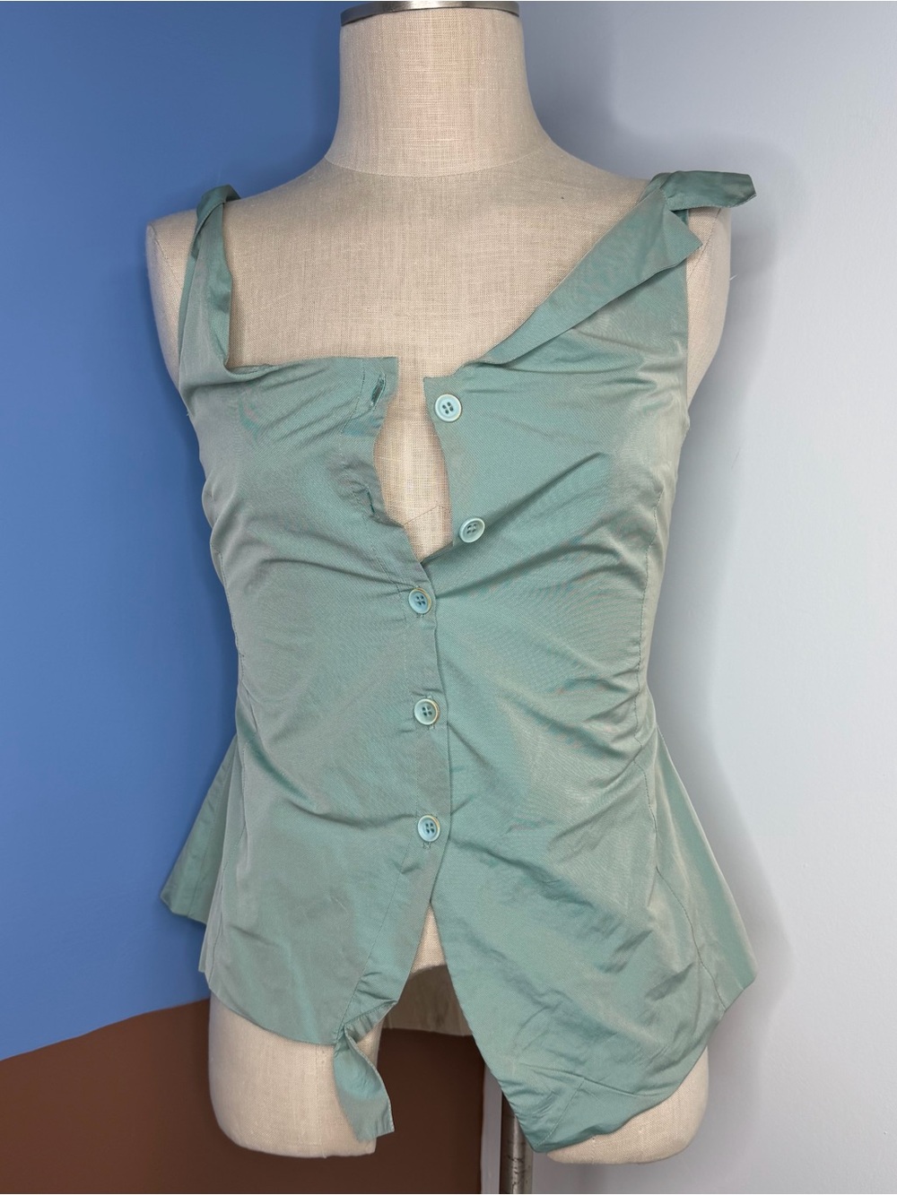 Lilith Iridescent Teal asymmetric reconstructed button-up sleeveless top Small